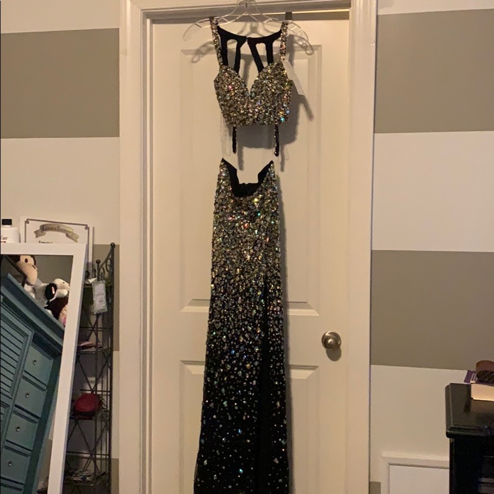 Gold & blue rhinestone prom dress